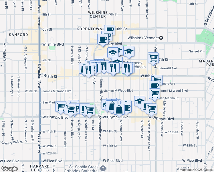 map of restaurants, bars, coffee shops, grocery stores, and more near 871 South Mariposa Avenue in Los Angeles