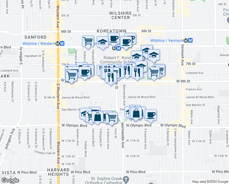 map of restaurants, bars, coffee shops, grocery stores, and more near 3219 James M Wood Boulevard in Los Angeles