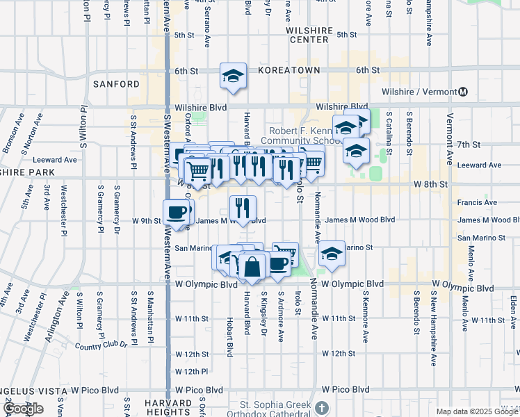 map of restaurants, bars, coffee shops, grocery stores, and more near 3301 James M Wood Boulevard in Los Angeles