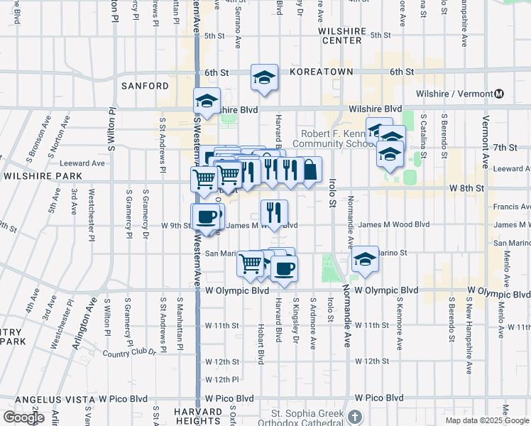 map of restaurants, bars, coffee shops, grocery stores, and more near 858 South Hobart Boulevard in Los Angeles