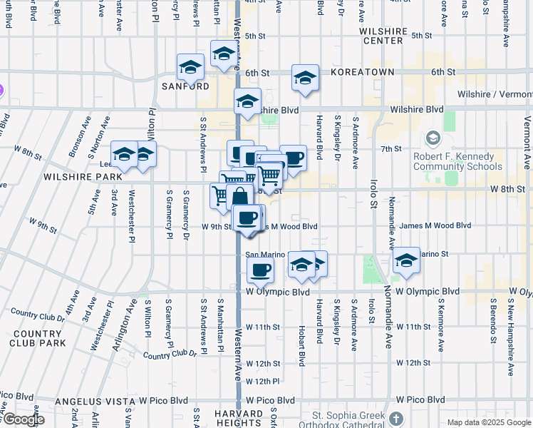 map of restaurants, bars, coffee shops, grocery stores, and more near 855 South Oxford Avenue in Los Angeles