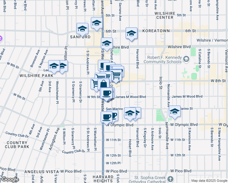 map of restaurants, bars, coffee shops, grocery stores, and more near 855 South Oxford Avenue in Los Angeles