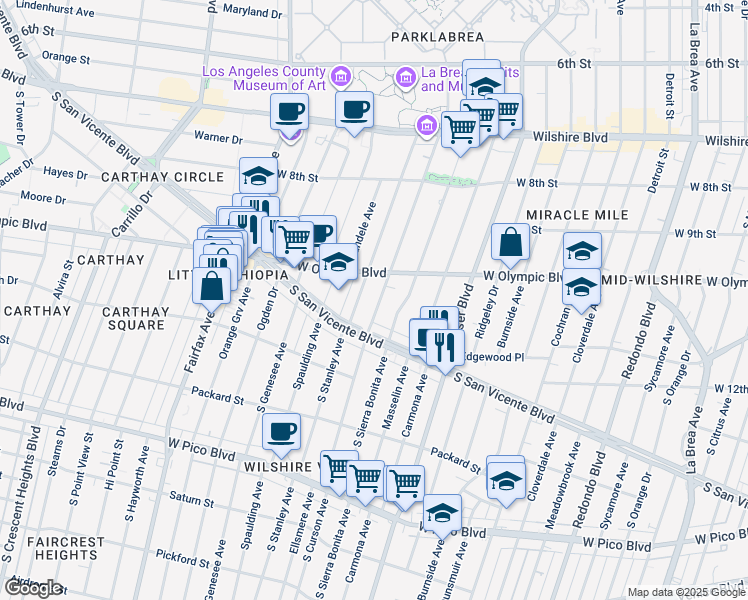 map of restaurants, bars, coffee shops, grocery stores, and more near 1046 South Curson Avenue in Los Angeles