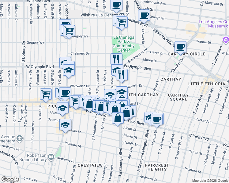 map of restaurants, bars, coffee shops, grocery stores, and more near 1138 South Corning Street in Los Angeles