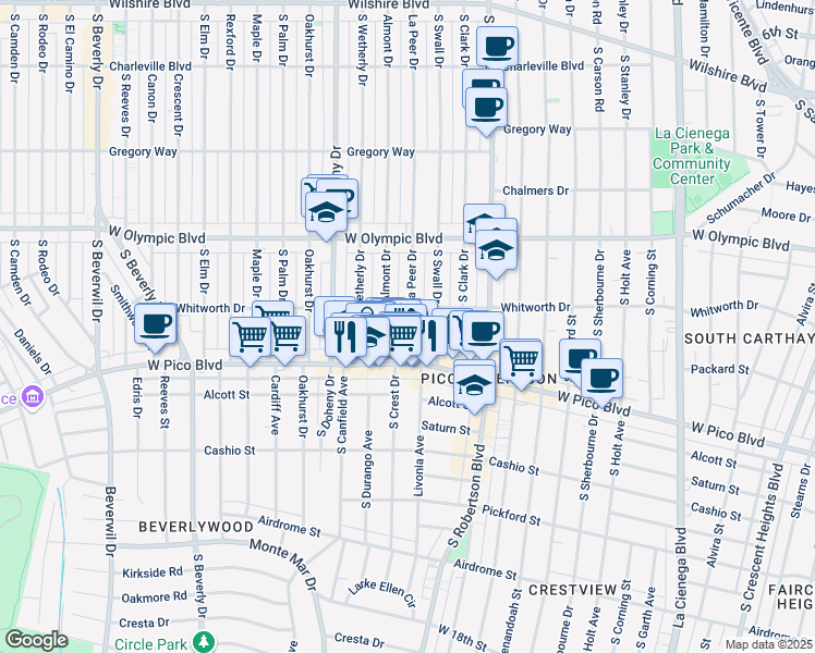 map of restaurants, bars, coffee shops, grocery stores, and more near 1138 South Crest Drive in Los Angeles