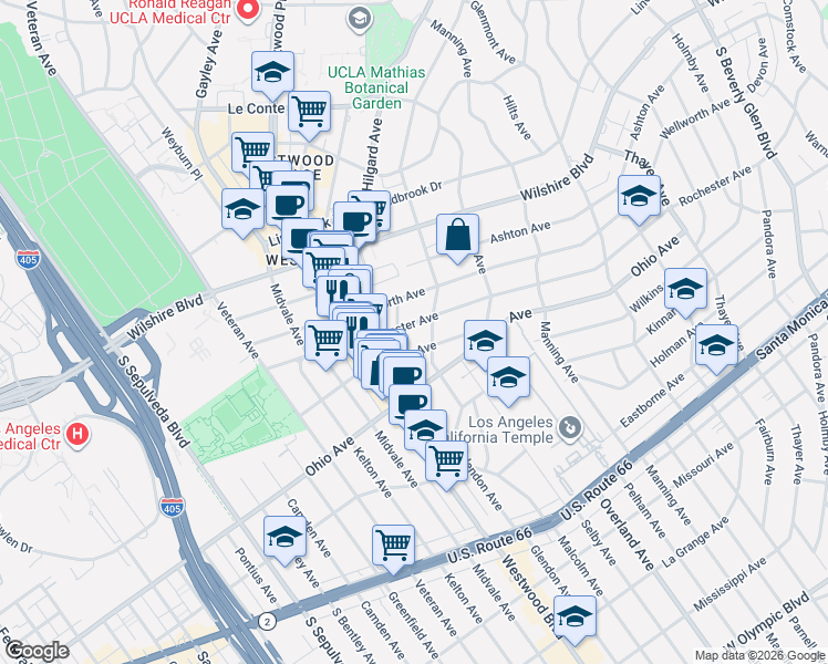 map of restaurants, bars, coffee shops, grocery stores, and more near 10821 Wilkins Avenue in Los Angeles