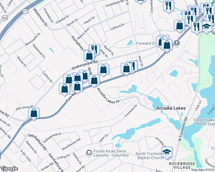 map of restaurants, bars, coffee shops, grocery stores, and more near 160 Berry Tree Lane in Columbia