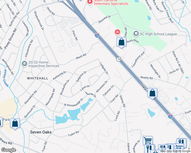 map of restaurants, bars, coffee shops, grocery stores, and more near 106 Wilkshire Drive in Columbia