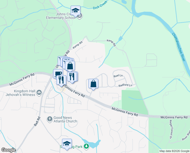 map of restaurants, bars, coffee shops, grocery stores, and more near 8245 Norwich Place in Suwanee