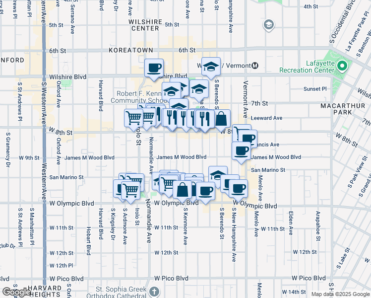 map of restaurants, bars, coffee shops, grocery stores, and more near 845 South Kenmore Avenue in Los Angeles