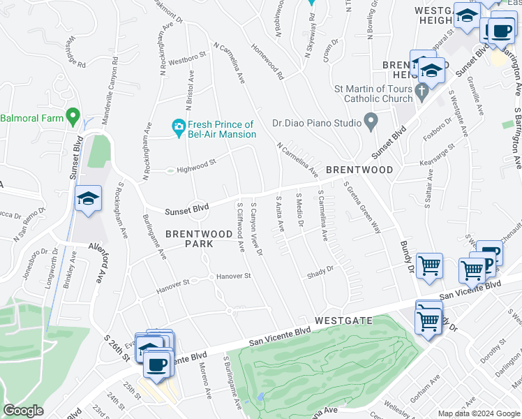 map of restaurants, bars, coffee shops, grocery stores, and more near 118 South Canyon View Drive in Los Angeles