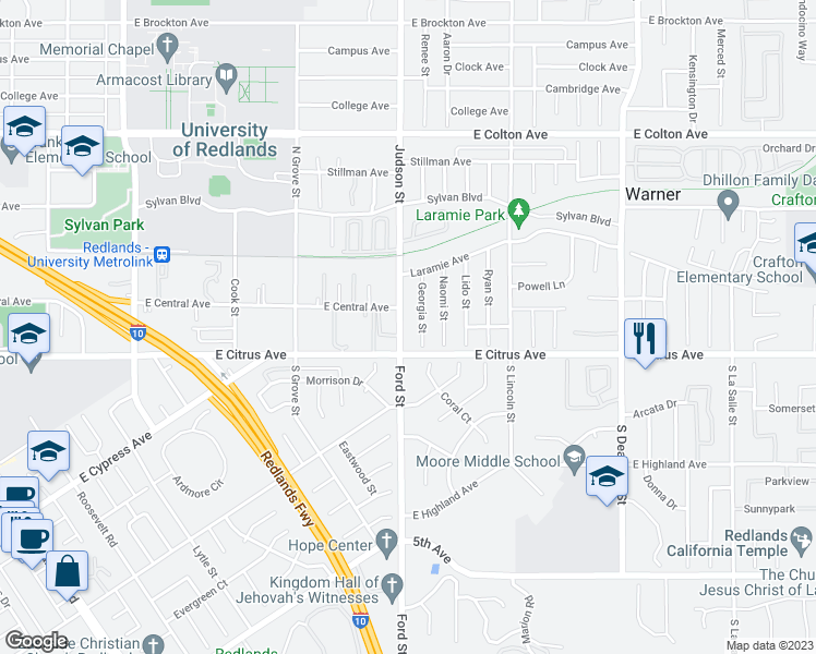 map of restaurants, bars, coffee shops, grocery stores, and more near 110 Judson Street in Redlands