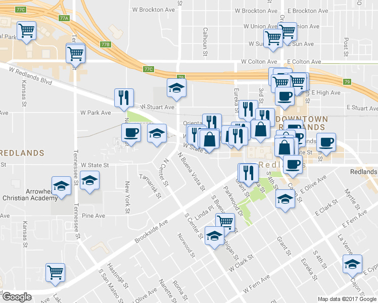 map of restaurants, bars, coffee shops, grocery stores, and more near 76 San Gorgonio Drive in Redlands