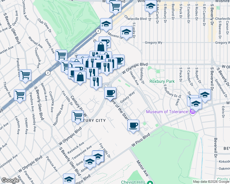 map of restaurants, bars, coffee shops, grocery stores, and more near 2112 Century Park Lane in Los Angeles