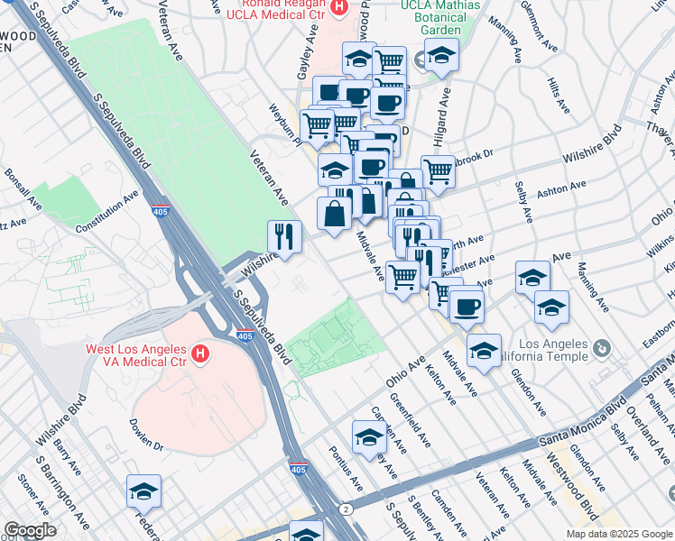 map of restaurants, bars, coffee shops, grocery stores, and more near 1260 Veteran Avenue in Los Angeles