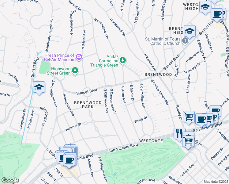 map of restaurants, bars, coffee shops, grocery stores, and more near 118 South Canyon View Drive in Los Angeles