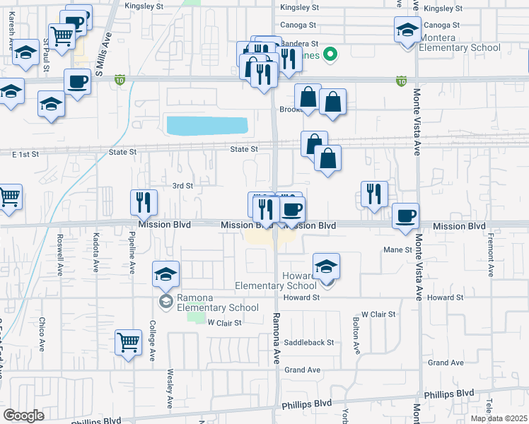 map of restaurants, bars, coffee shops, grocery stores, and more near Ramona Avenue in Montclair