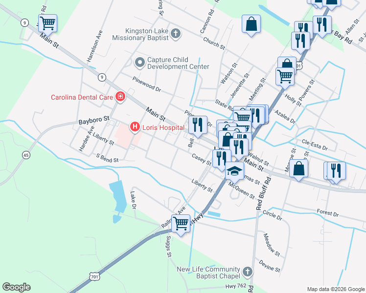 map of restaurants, bars, coffee shops, grocery stores, and more near 3804 Casey Street in Loris