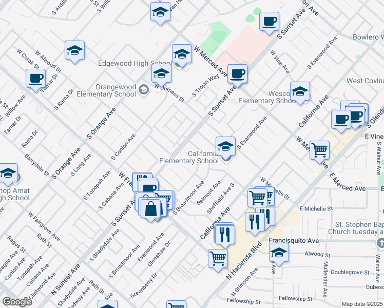 map of restaurants, bars, coffee shops, grocery stores, and more near 1317 West Bainbridge Avenue in West Covina