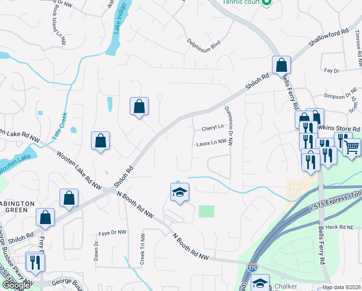 map of restaurants, bars, coffee shops, grocery stores, and more near 679 Shiloh Road in Kennesaw