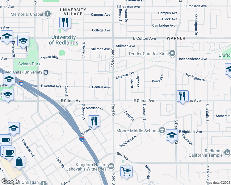map of restaurants, bars, coffee shops, grocery stores, and more near 110 Judson Street in Redlands