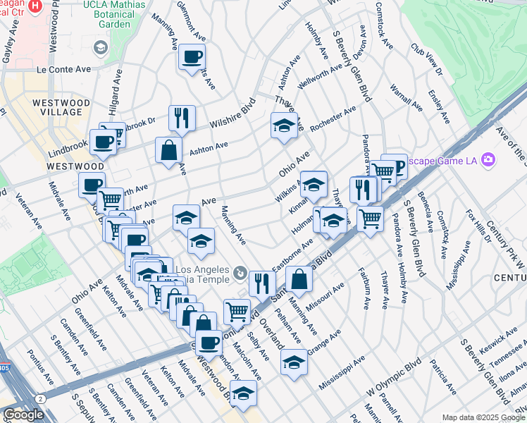 map of restaurants, bars, coffee shops, grocery stores, and more near 10630 Wilkins Avenue in Los Angeles