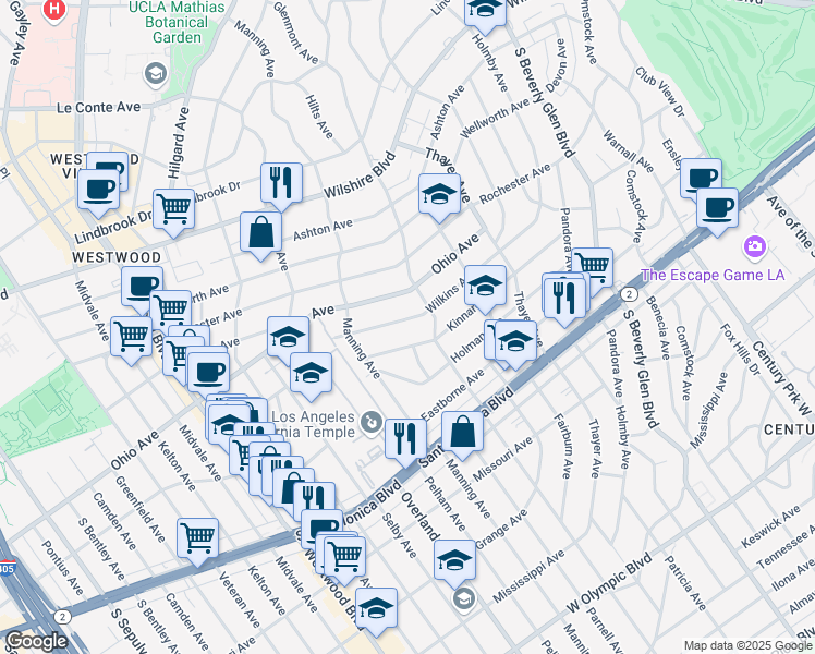 map of restaurants, bars, coffee shops, grocery stores, and more near 10630 Wilkins Avenue in Los Angeles