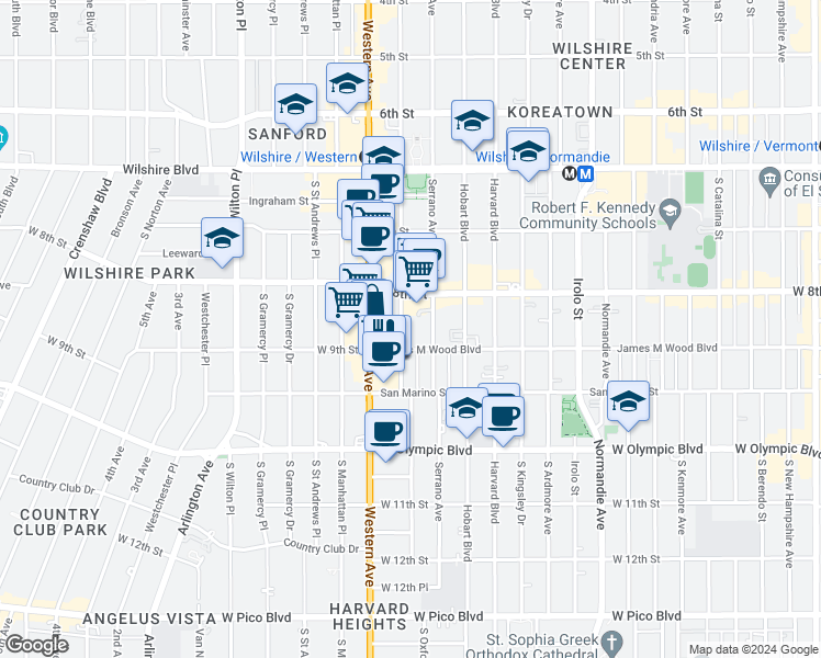 map of restaurants, bars, coffee shops, grocery stores, and more near 855 South Oxford Avenue in Los Angeles