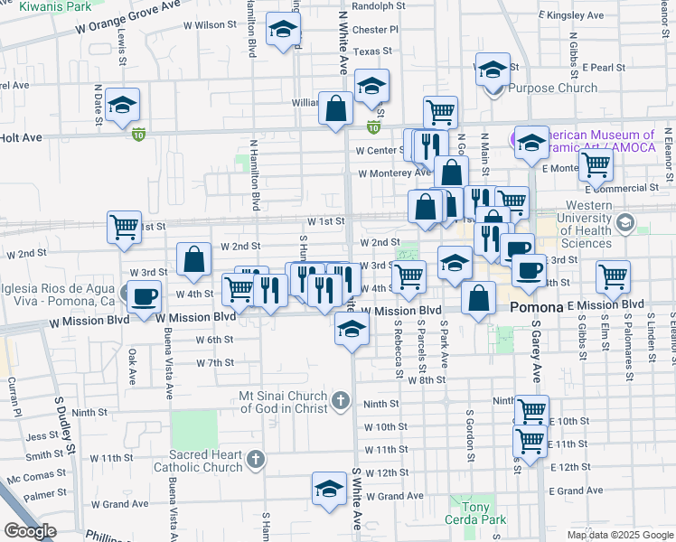 map of restaurants, bars, coffee shops, grocery stores, and more near 395 South White Avenue in Pomona