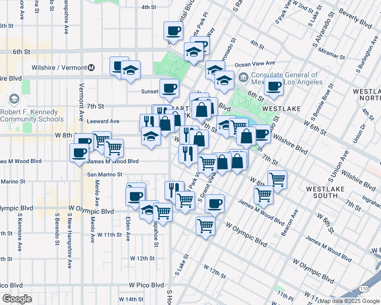 map of restaurants, bars, coffee shops, grocery stores, and more near 826 South Carondelet Street in Los Angeles