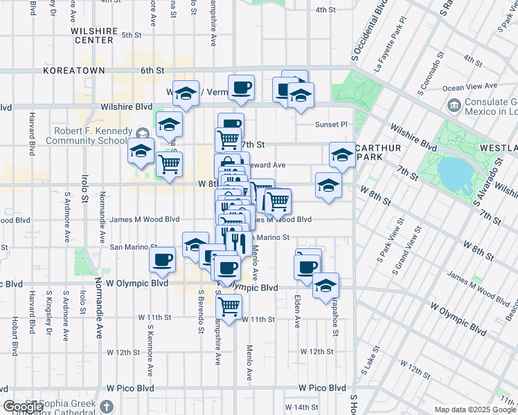 map of restaurants, bars, coffee shops, grocery stores, and more near 2930 Francis Avenue in Los Angeles