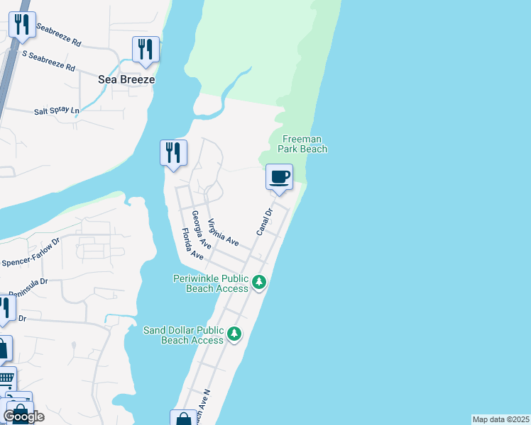 map of restaurants, bars, coffee shops, grocery stores, and more near 1715 Canal Drive in Carolina Beach