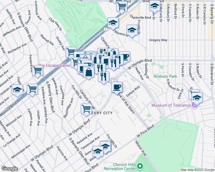 map of restaurants, bars, coffee shops, grocery stores, and more near 2 West Century Drive in Los Angeles