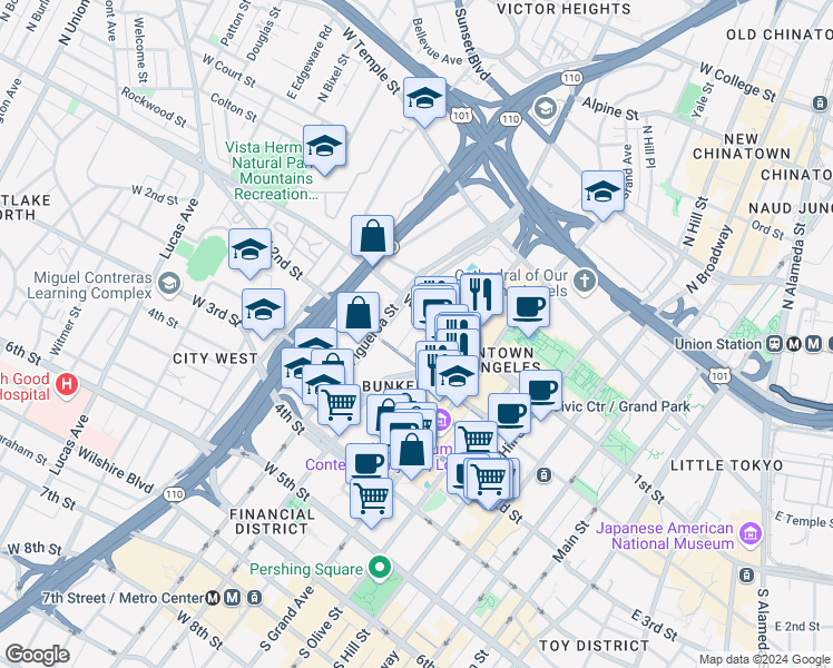 map of restaurants, bars, coffee shops, grocery stores, and more near 800 West 1st Street in Los Angeles