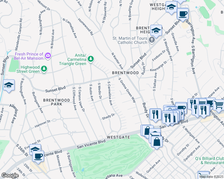 map of restaurants, bars, coffee shops, grocery stores, and more near 134 South Carmelina Avenue in Los Angeles
