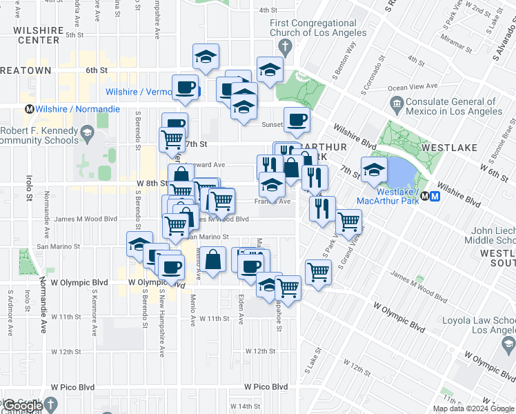 map of restaurants, bars, coffee shops, grocery stores, and more near 2796 Francis Avenue in Los Angeles