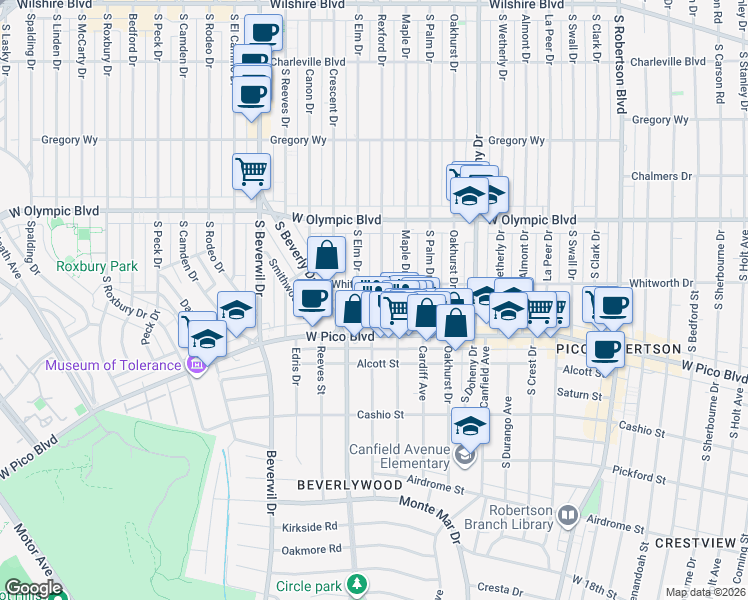 map of restaurants, bars, coffee shops, grocery stores, and more near 1119 Rexford Drive in Los Angeles