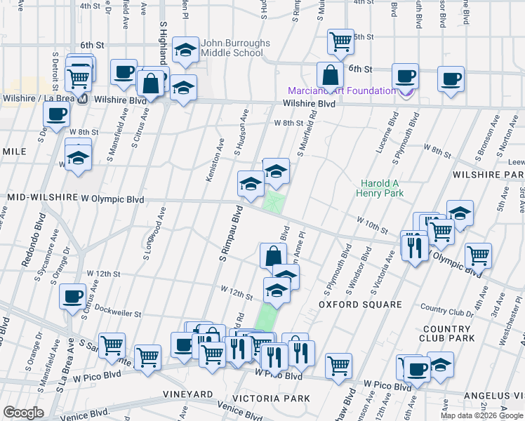 map of restaurants, bars, coffee shops, grocery stores, and more near 4645 West Olympic Boulevard in Los Angeles