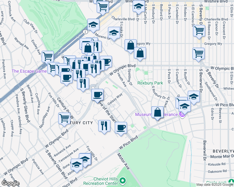 map of restaurants, bars, coffee shops, grocery stores, and more near 2142 Century Park Lane in Los Angeles