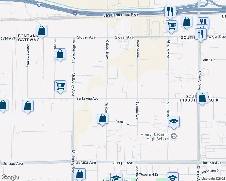 map of restaurants, bars, coffee shops, grocery stores, and more near 13930 Santa Ana Avenue in Fontana