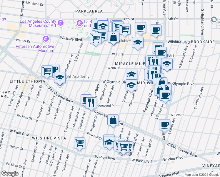 map of restaurants, bars, coffee shops, grocery stores, and more near 1025 South Burnside Avenue in Los Angeles