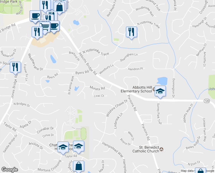 map of restaurants, bars, coffee shops, grocery stores, and more near 6320 Murets Road in Alpharetta