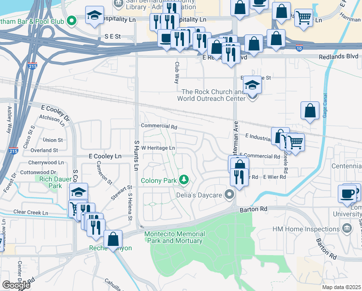 map of restaurants, bars, coffee shops, grocery stores, and more near 153 East Cheshire Lane in San Bernardino