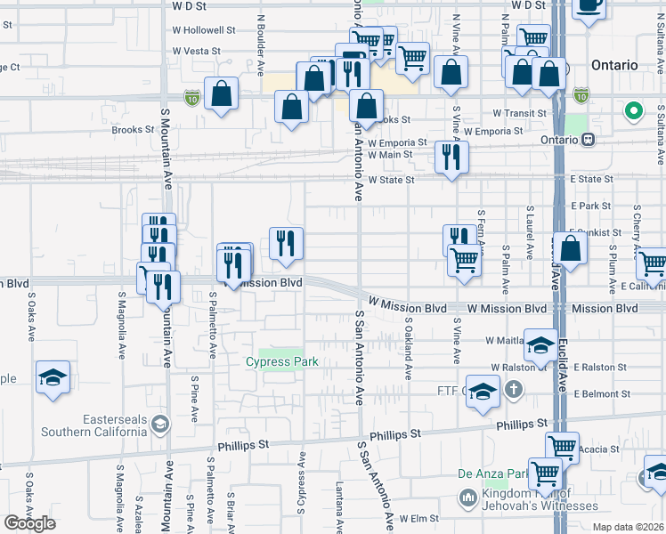 map of restaurants, bars, coffee shops, grocery stores, and more near 733 West Nevada Street in Ontario