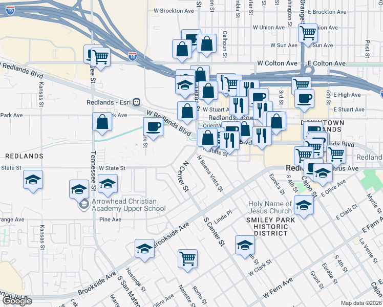 map of restaurants, bars, coffee shops, grocery stores, and more near 167 North Center Street in Redlands