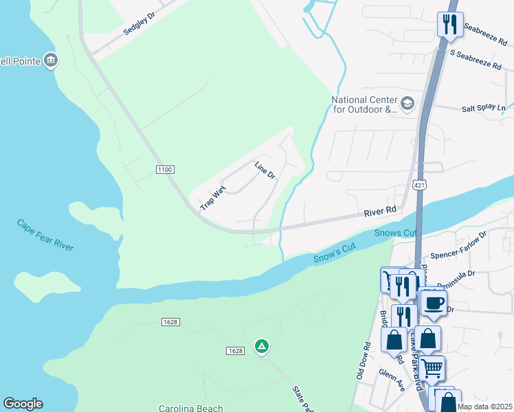 map of restaurants, bars, coffee shops, grocery stores, and more near 7827 Cypress Island Drive in Wilmington