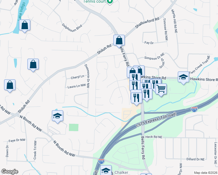 map of restaurants, bars, coffee shops, grocery stores, and more near 335 Bramford Way NW in Kennesaw