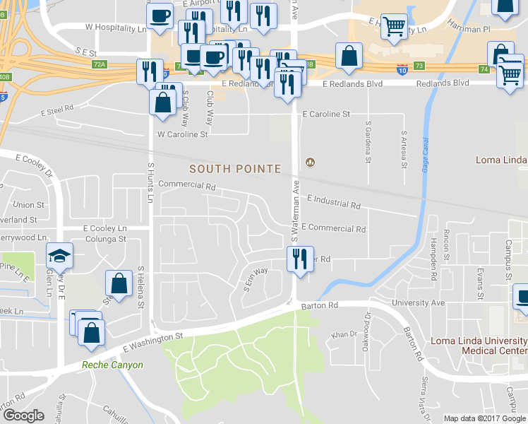 map of restaurants, bars, coffee shops, grocery stores, and more near 236 East Manchester Lane in San Bernardino