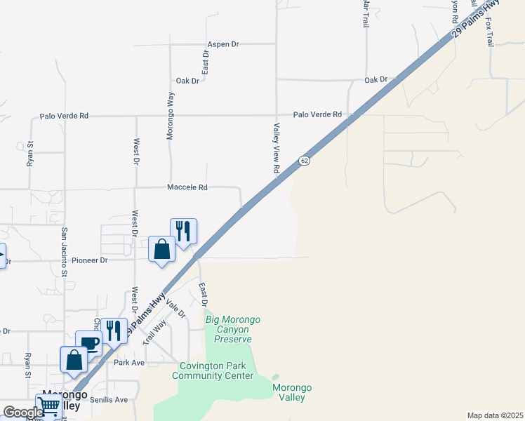 map of restaurants, bars, coffee shops, grocery stores, and more near 50253 29 Palms Highway in Morongo Valley