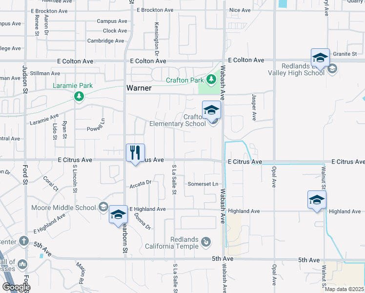 map of restaurants, bars, coffee shops, grocery stores, and more near 133 Rainbow Lane in Redlands